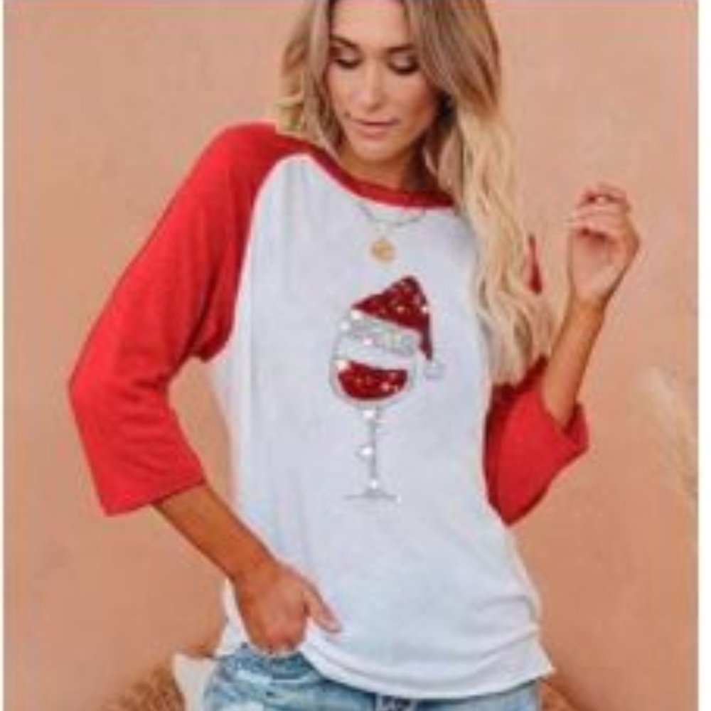 Christmas Print Crew Neck Three-quarter Sleeve T-s